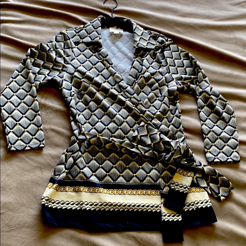 Julie Brown 3/4 sleeve wrap blouse.